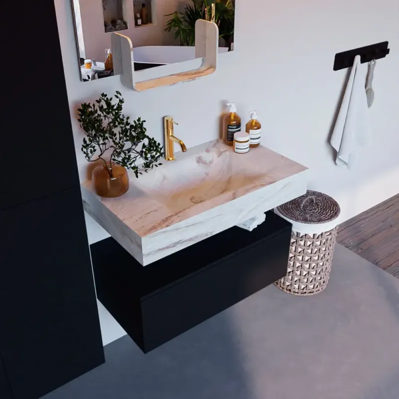 Aanbieding Mondiaz Alan DLux badmeubel 80cm urban 1 lade met wastafel frappe midden 1 kraangat