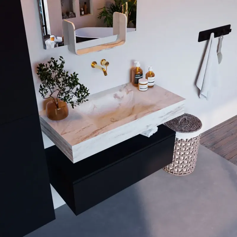 Bestseller Mondiaz Alan DLux badmeubel 90cm urban 1 lade met wastafel frappe midden zonder kraangat