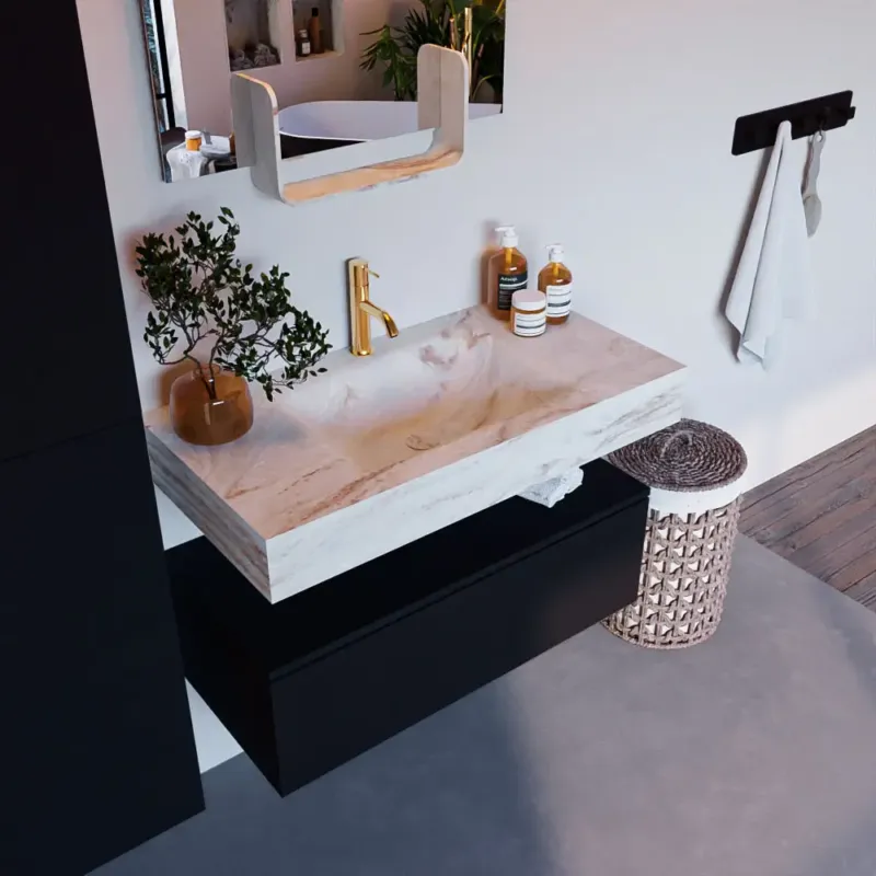 Gereduceerde Prijs Mondiaz Alan DLux badmeubel 90cm urban 1 lade met wastafel frappe midden 1 kraangat