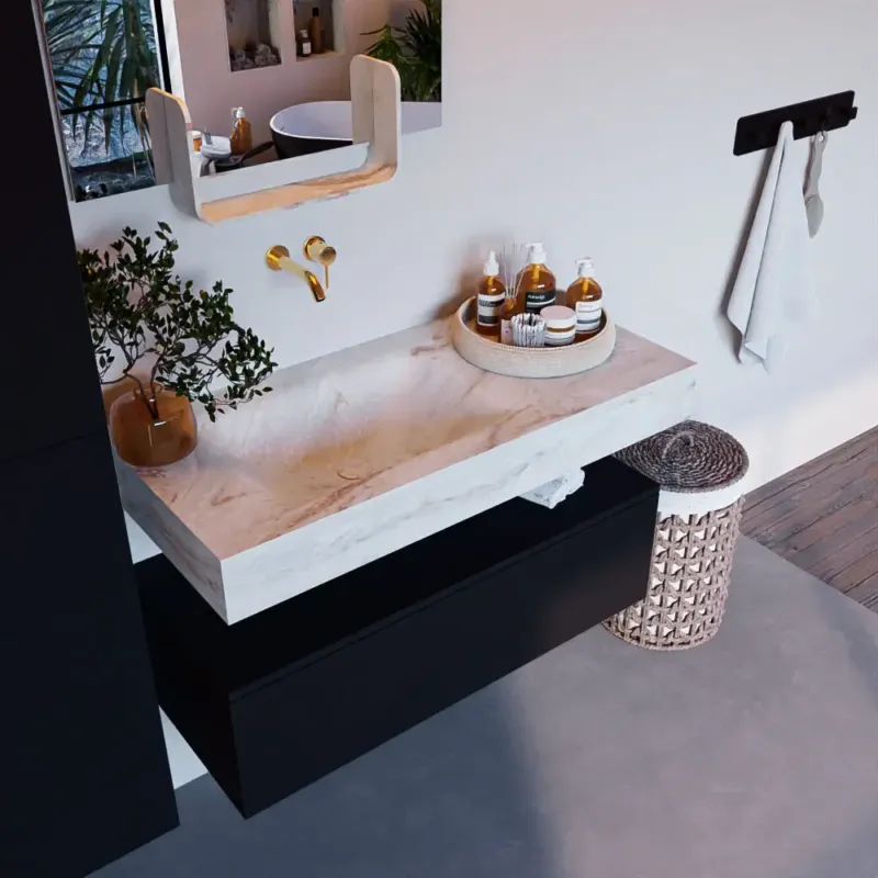 Mondiaz Alan DLux badmeubel 100cm urban 1 lade met wastafel frappe links zonder kraangat Betrouwbaar