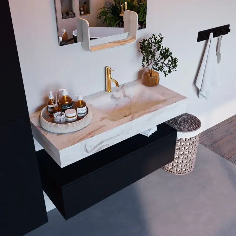 Premium Mondiaz Alan DLux badmeubel 100cm urban 1 lade met wastafel frappe rechts 1 kraangat