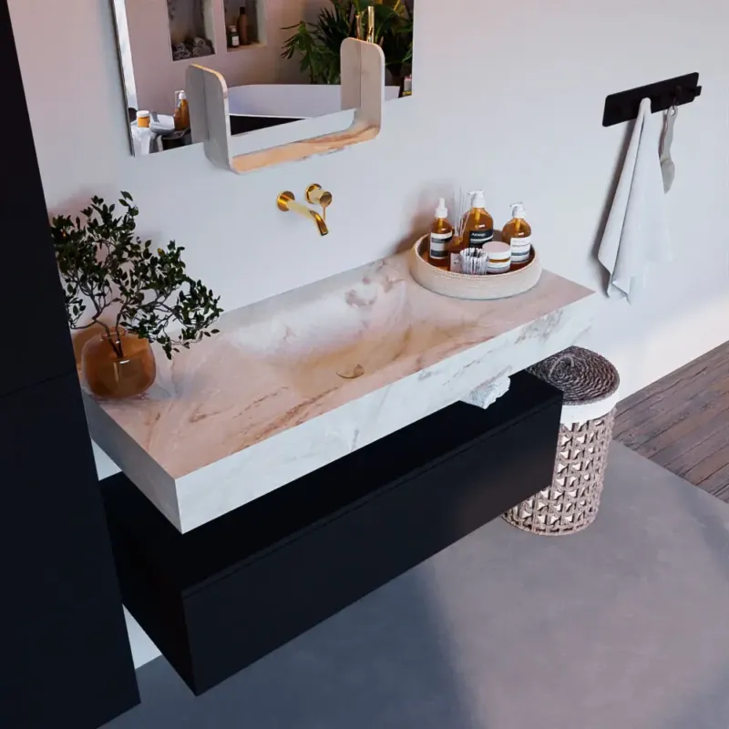 Mondiaz Alan DLux badmeubel 110cm urban 1 lade met wastafel frappe midden zonder kraangat Tijdelijk Beschikbaar
