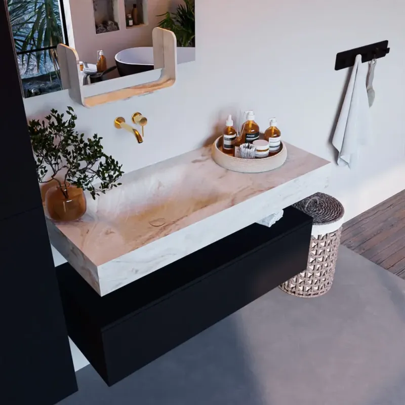 Mondiaz Alan DLux badmeubel 110cm urban 1 lade met wastafel frappe links zonder kraangat Direct Verzonden