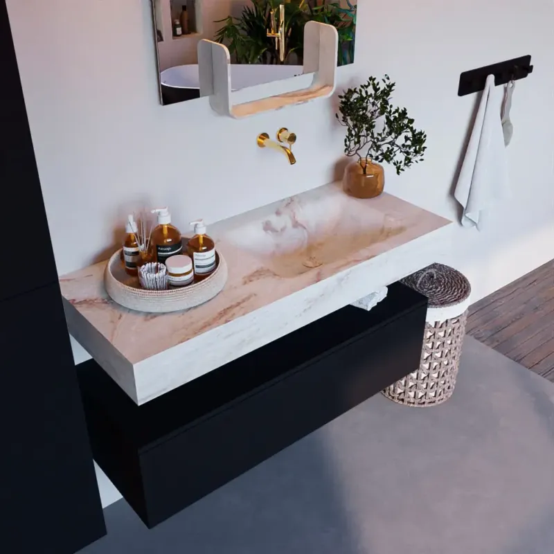 Mondiaz Alan DLux badmeubel 110cm urban 1 lade met wastafel frappe rechts zonder kraangat Populair