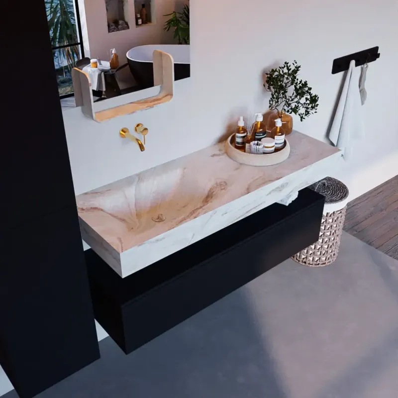 Rechtstreeks Van De Fabrikant Mondiaz Alan DLux badmeubel 130cm urban 1 lade met wastafel frappe links zonder kraangat