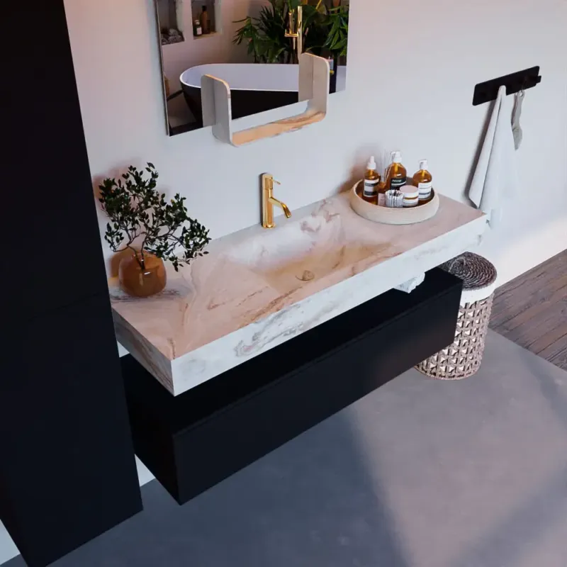 Weekendaanbieding Mondiaz Alan DLux badmeubel 130cm urban 1 lade met wastafel frappe midden 1 kraangat