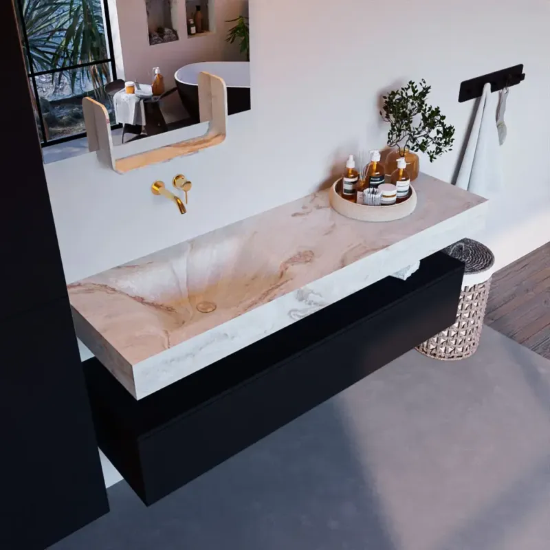 Actieprijs Mondiaz Alan DLux badmeubel 150cm urban 1 lade met wastafel frappe links zonder kraangat