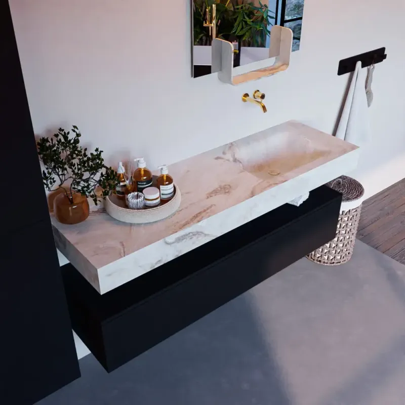 Aanbieding Mondiaz Alan DLux badmeubel 150cm urban 1 lade met wastafel frappe rechts zonder kraangat