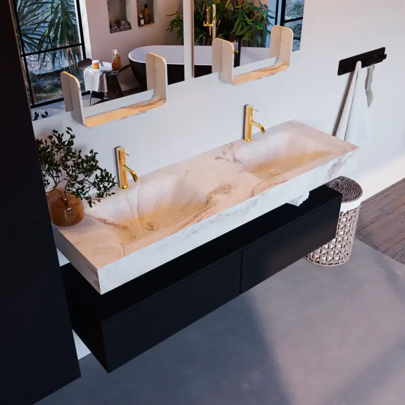Fabrieksprijs Mondiaz Alan DLux badmeubel 150cm urban 2 lades met wastafel frappe dubbel 2 kraangaten