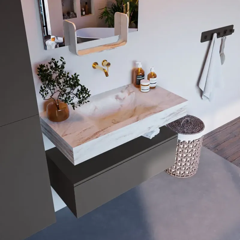 Betrouwbaar Mondiaz Alan DLux badmeubel 90cm dark grey 1 lade met wastafel frappe midden zonder kraangat