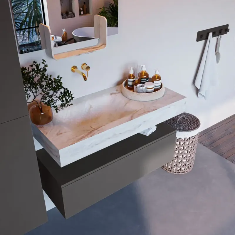 Mondiaz Alan DLux badmeubel 100cm dark grey 1 lade met wastafel frappe links zonder kraangat Fabrieksprijs