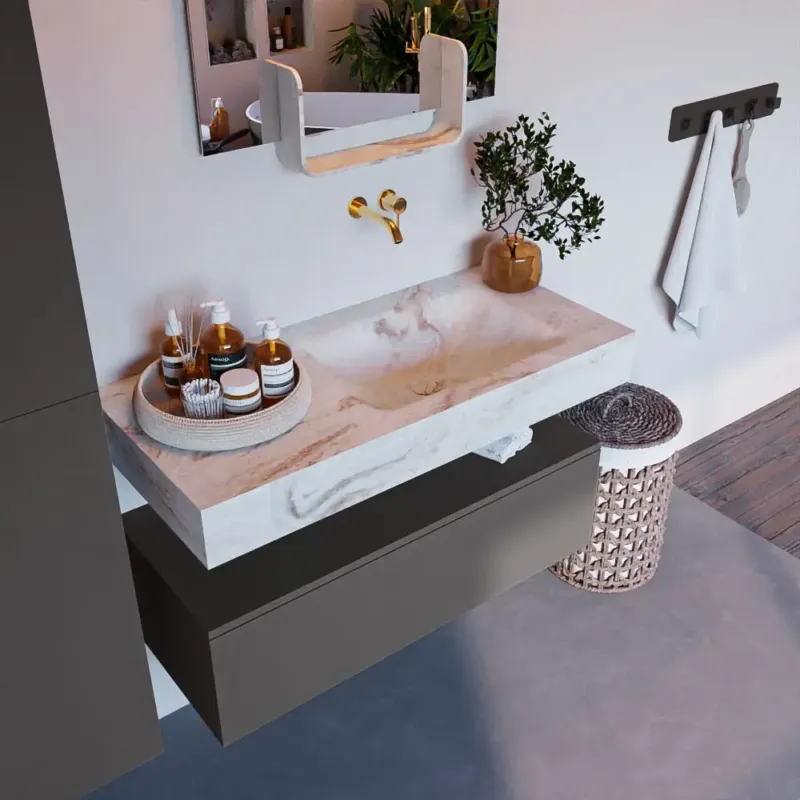 Mondiaz Alan DLux badmeubel 100cm dark grey 1 lade met wastafel frappe rechts zonder kraangat Veilige Betaling