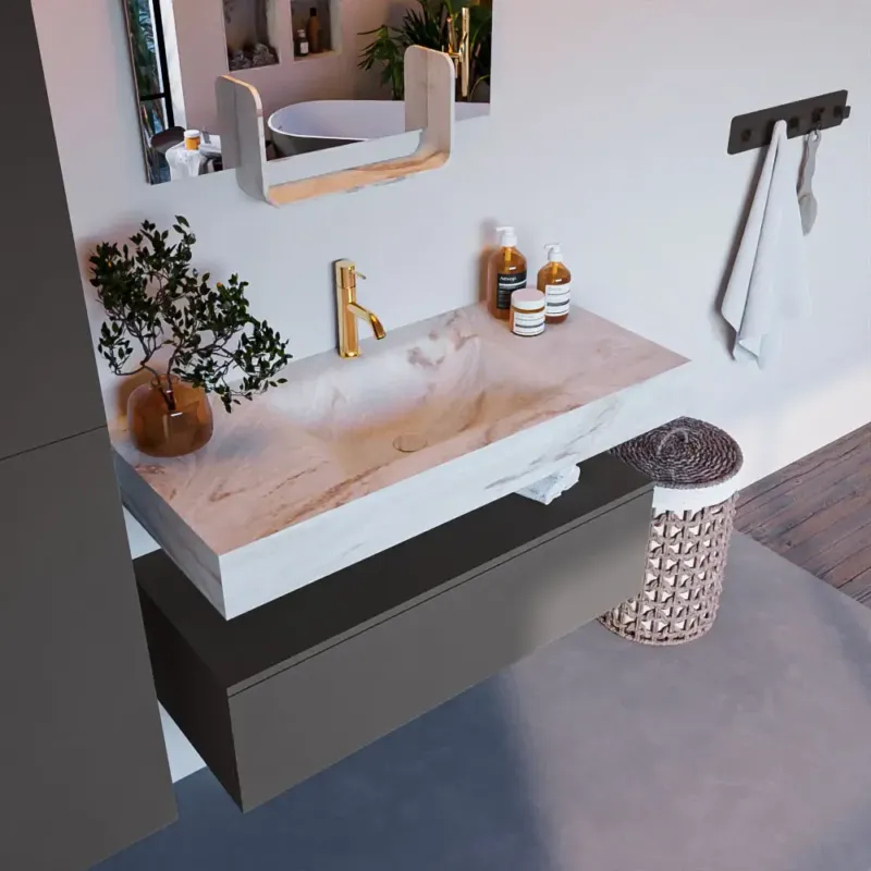 Fabrieksprijs Mondiaz Alan DLux badmeubel 100cm dark grey 1 lade met wastafel frappe midden 1 kraangat