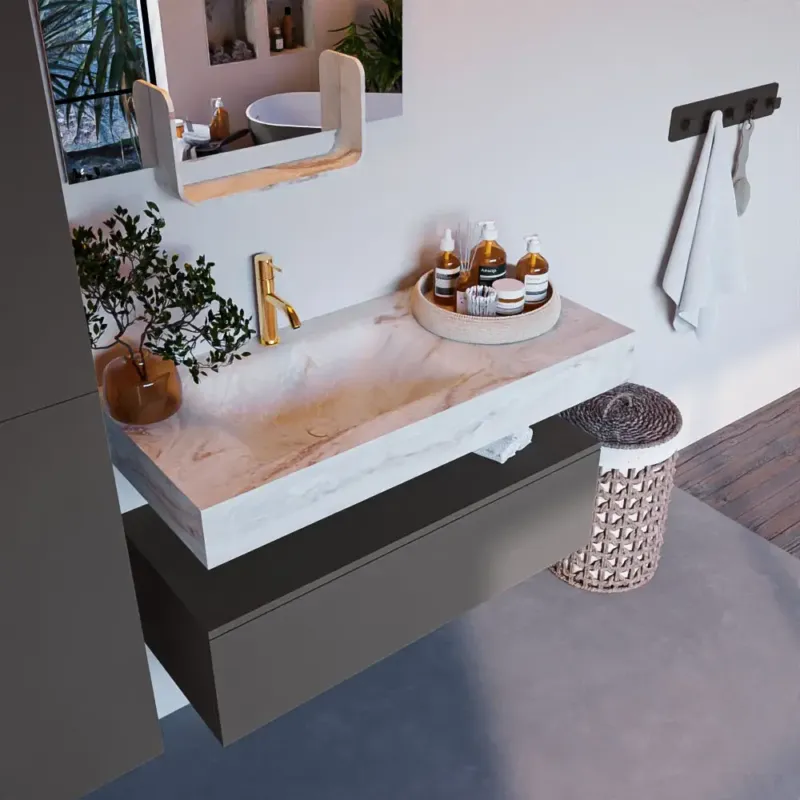 Direct Beschikbaar Mondiaz Alan DLux badmeubel 100cm dark grey 1 lade met wastafel frappe links 1 kraangat