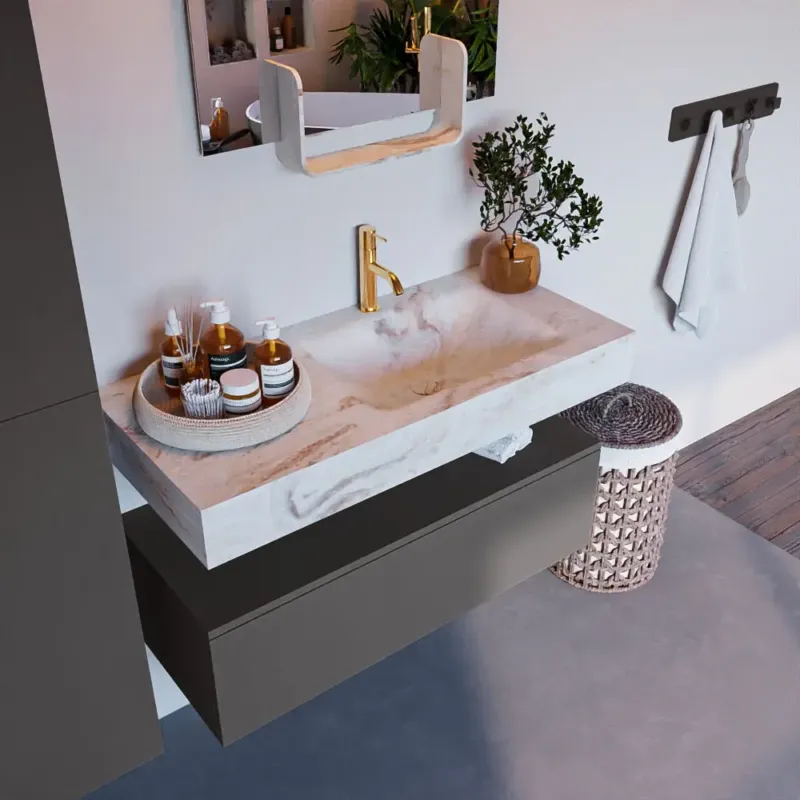 Beperkte Voorraad Mondiaz Alan DLux badmeubel 100cm dark grey 1 lade met wastafel frappe rechts 1 kraangat