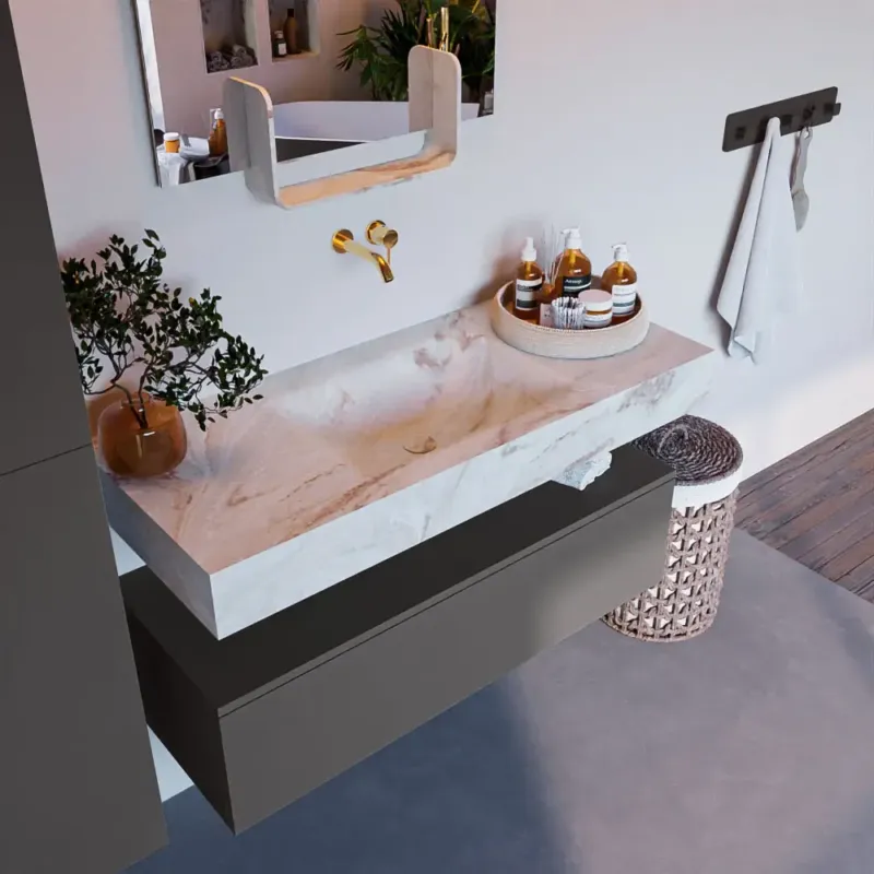 Mondiaz Alan DLux badmeubel 110cm dark grey 1 lade met wastafel frappe midden zonder kraangat Beperkt Aanbod