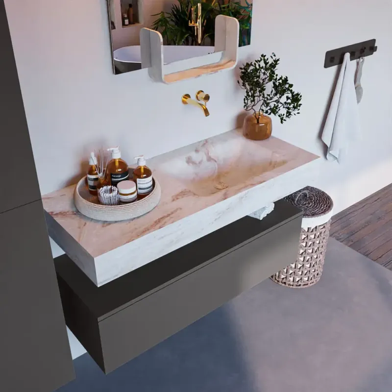 Flitsaanbieding Mondiaz Alan DLux badmeubel 110cm dark grey 1 lade met wastafel frappe rechts zonder kraangat