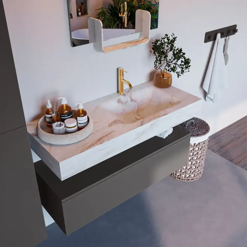 Mondiaz Alan DLux badmeubel 110cm dark grey 1 lade met wastafel frappe rechts 1 kraangat Aanbieding