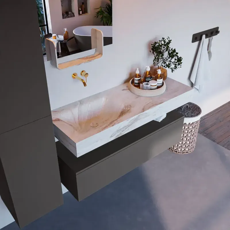 Express Levering Mondiaz Alan DLux badmeubel 120cm dark grey 1 lade met wastafel frappe links zonder kraangat