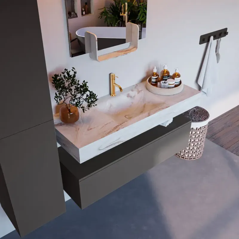 Superprijs Mondiaz Alan DLux badmeubel 120cm dark grey 1 lade met wastafel frappe midden 1 kraangat