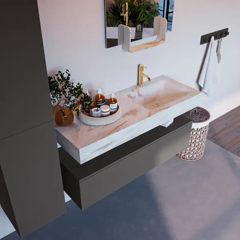 Mondiaz Alan DLux badmeubel 120cm dark grey 1 lade met wastafel frappe rechts 1 kraangat Seizoensaanbieding