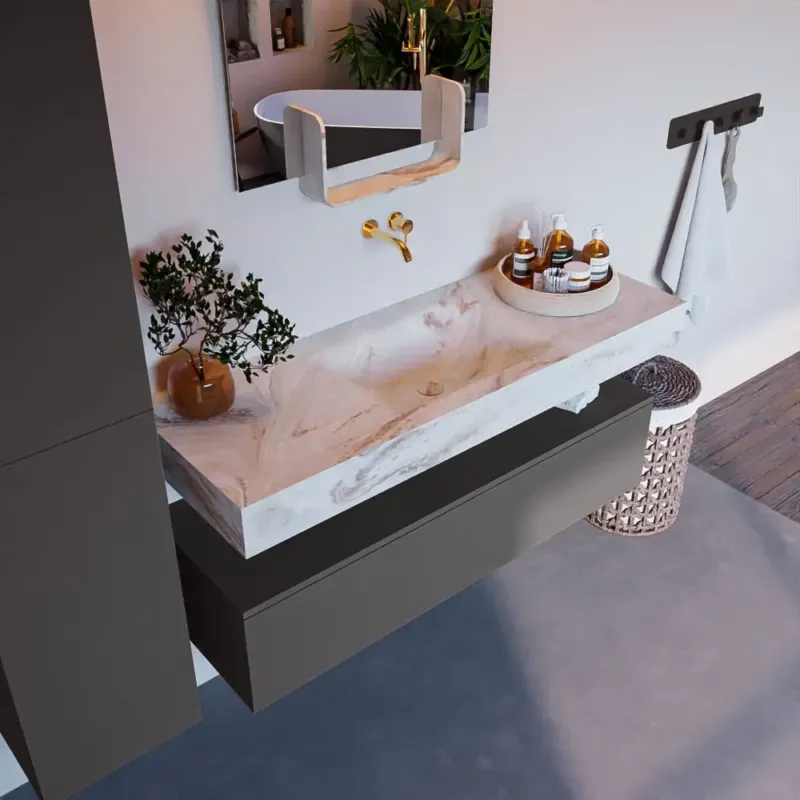 Laatste Versie Mondiaz Alan DLux badmeubel 130cm dark grey 1 lade met wastafel frappe midden zonder kraangat