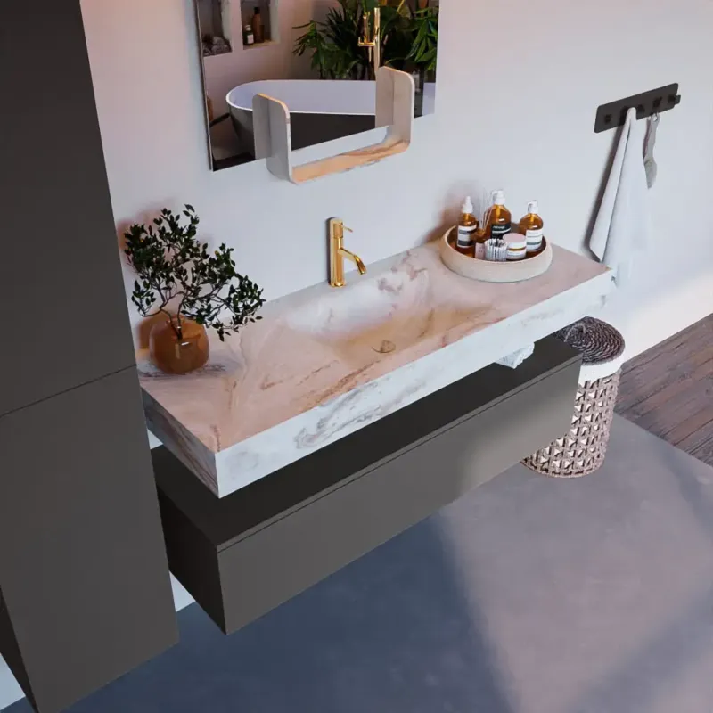 Uitverkoop Mondiaz Alan DLux badmeubel 130cm dark grey 1 lade met wastafel frappe midden 1 kraangat