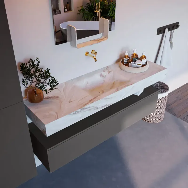 Favoriet Mondiaz Alan DLux badmeubel 150cm dark grey 1 lade met wastafel frappe midden zonder kraangat