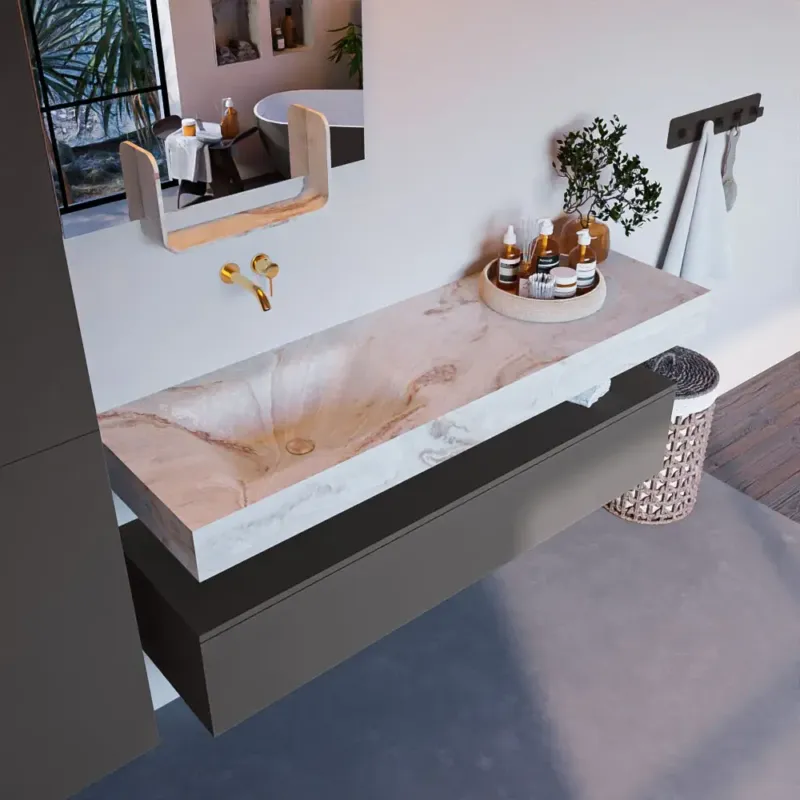 Koop Online Mondiaz Alan DLux badmeubel 150cm dark grey 1 lade met wastafel frappe links zonder kraangat