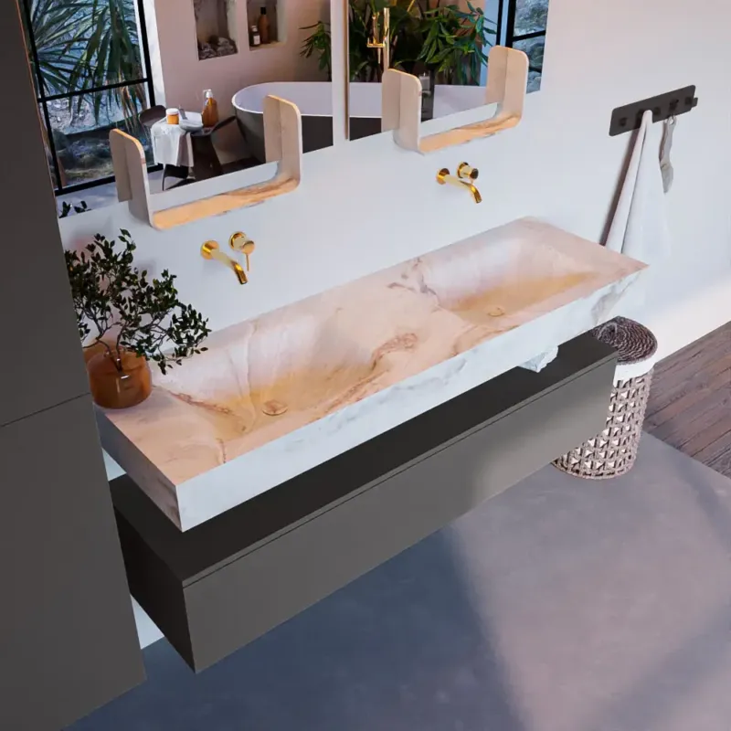 Nu Kopen Mondiaz Alan DLux badmeubel 150cm dark grey 1 lade met wastafel frappe dubbel zonder kraangat