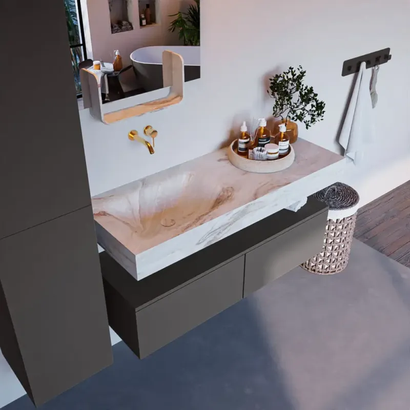 Gereduceerde Prijs Mondiaz Alan DLux badmeubel 120cm dark grey 2 lades met wastafel frappe links zonder kraangat