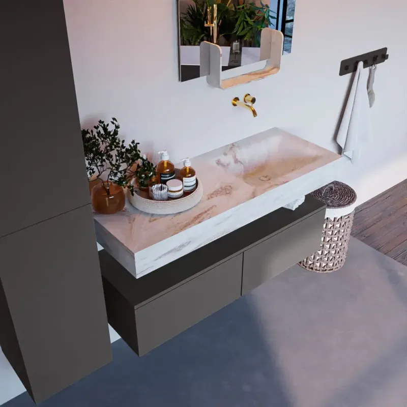 Actieprijs Mondiaz Alan DLux badmeubel 120cm dark grey 2 lades met wastafel frappe rechts zonder kraangat