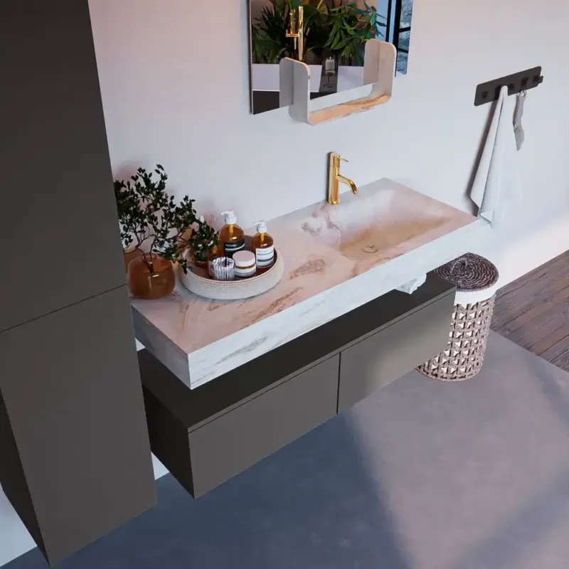 Mondiaz Alan DLux badmeubel 120cm dark grey 2 lades met wastafel frappe rechts 1 kraangat Fabrieksprijs
