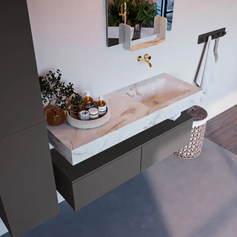 Gecertificeerd Mondiaz Alan DLux badmeubel 130cm dark grey 2 lades met wastafel frappe rechts zonder kraangat