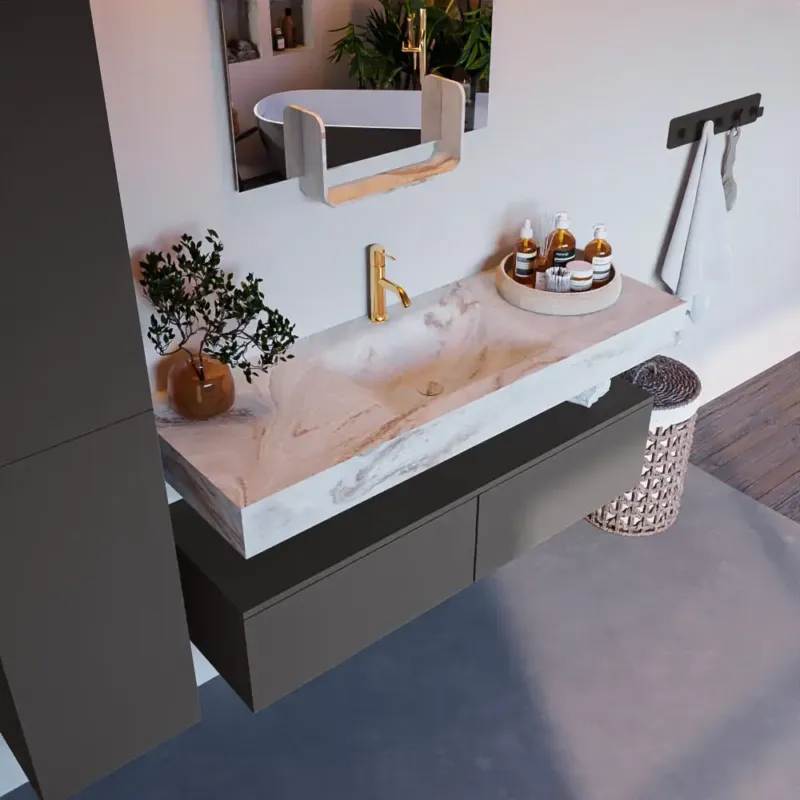 Dagaanbieding Mondiaz Alan DLux badmeubel 130cm dark grey 2 lades met wastafel frappe midden 1 kraangat