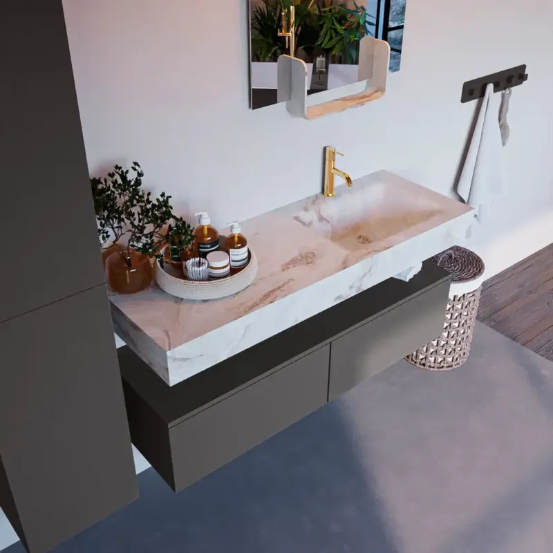 Speciale Aanbieding Mondiaz Alan DLux badmeubel 130cm dark grey 2 lades met wastafel frappe rechts 1 kraangat