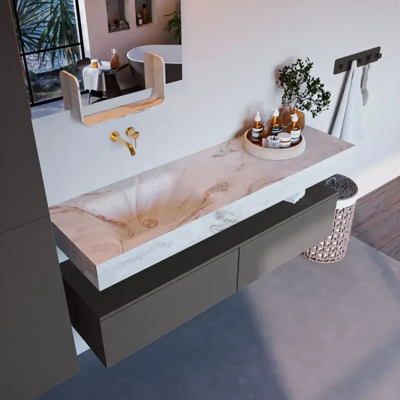 Bestel Nu Mondiaz Alan DLux badmeubel 150cm dark grey 2 lades met wastafel frappe links zonder kraangat