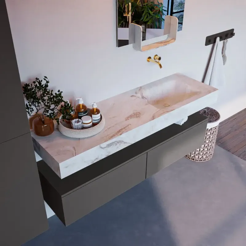 Shop Nu Mondiaz Alan DLux badmeubel 150cm dark grey 2 lades met wastafel frappe rechts zonder kraangat