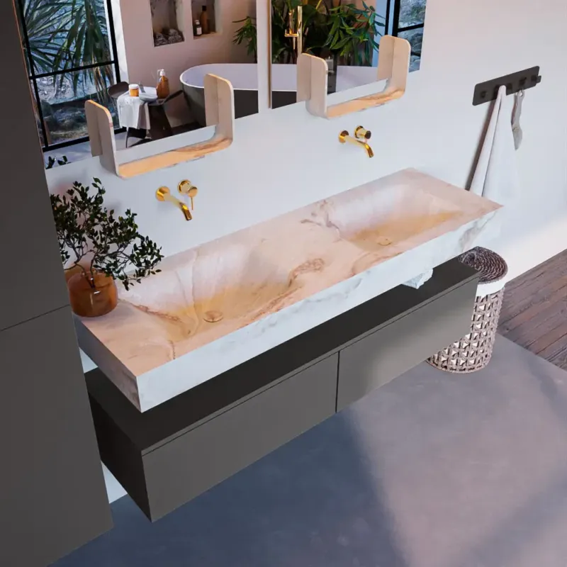 Express Levering Mondiaz Alan DLux badmeubel 150cm dark grey 2 lades met wastafel frappe dubbel zonder kraangat