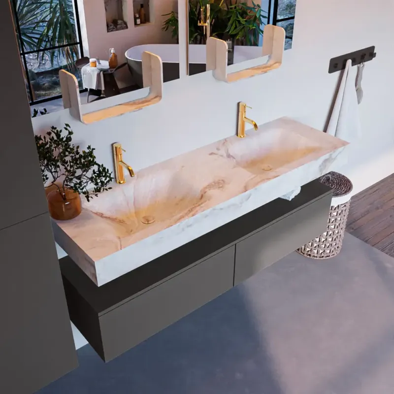 Fabrieksprijs Mondiaz Alan DLux badmeubel 150cm dark grey 2 lades met wastafel frappe dubbel 2 kraangaten