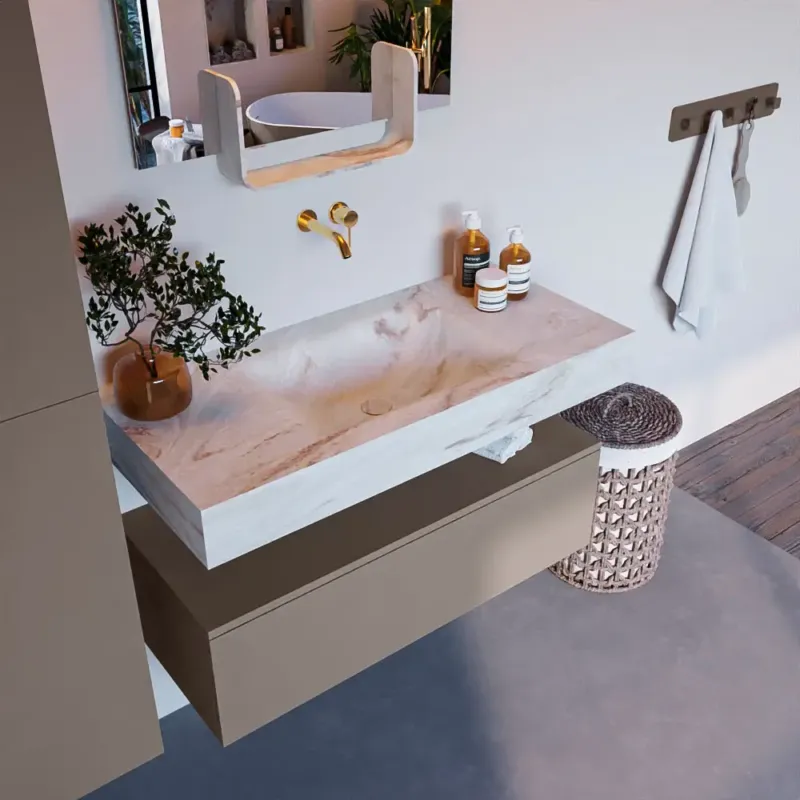 Mondiaz Alan DLux badmeubel 100cm smoke 1 lade met wastafel frappe midden zonder kraangat Must-Have