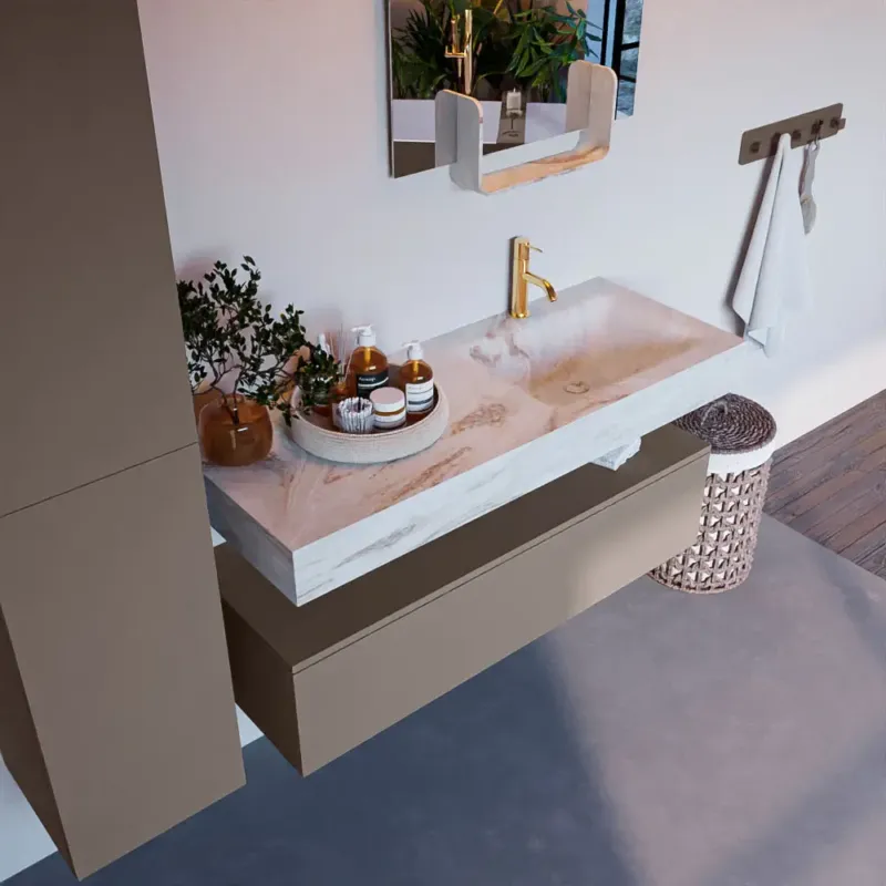 Bestel Nu Mondiaz Alan DLux badmeubel 120cm smoke 1 lade met wastafel frappe rechts 1 kraangat