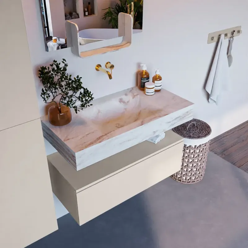Betrouwbaar Mondiaz Alan DLux badmeubel 90cm linen 1 lade met wastafel frappe midden zonder kraangat