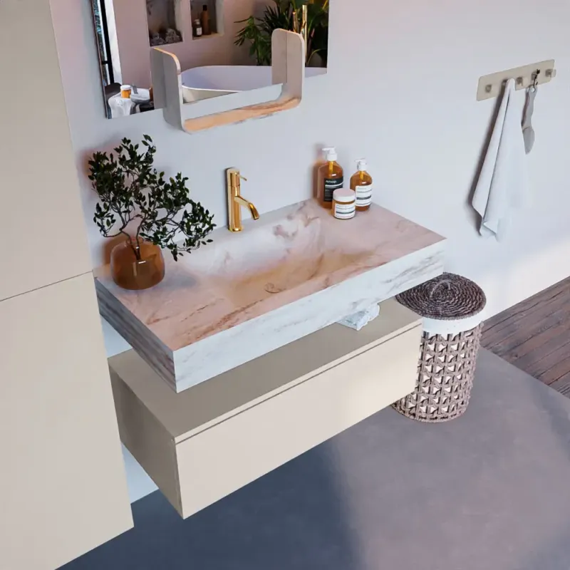 Gereduceerde Prijs Mondiaz Alan DLux badmeubel 90cm linen 1 lade met wastafel frappe midden 1 kraangat