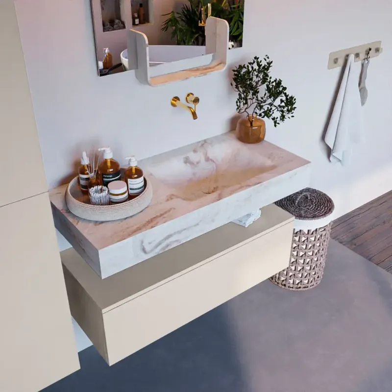 Mondiaz Alan DLux badmeubel 100cm linen 1 lade met wastafel frappe rechts zonder kraangat Beperkte Voorraad