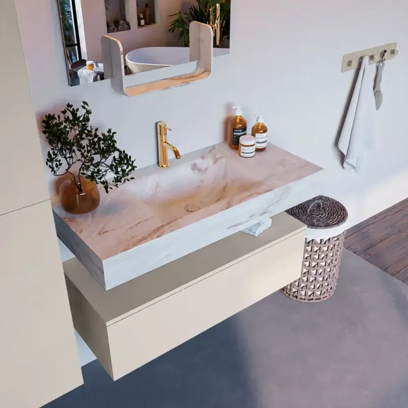Voordeelprijs Mondiaz Alan DLux badmeubel 100cm linen 1 lade met wastafel frappe midden 1 kraangat