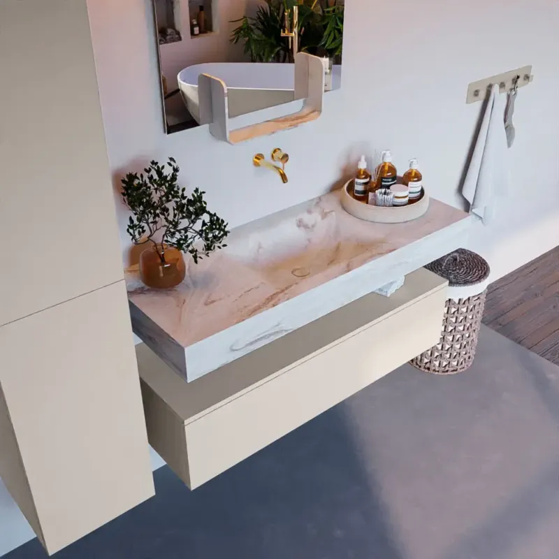 Mondiaz Alan DLux badmeubel 120cm linen 1 lade met wastafel frappe midden zonder kraangat Direct Beschikbaar