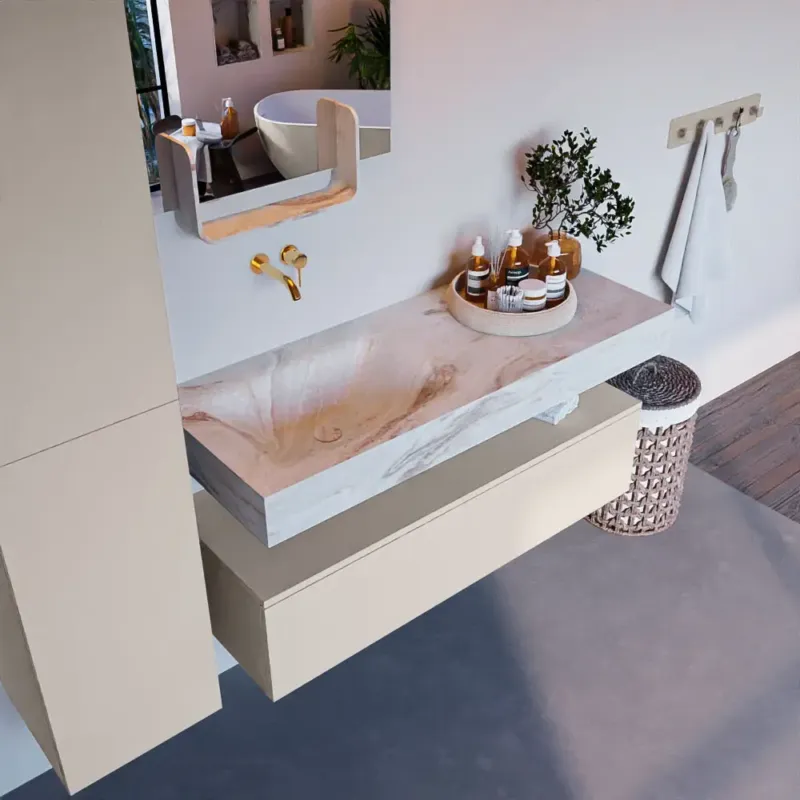Uitverkoop Mondiaz Alan DLux badmeubel 120cm linen 1 lade met wastafel frappe links zonder kraangat