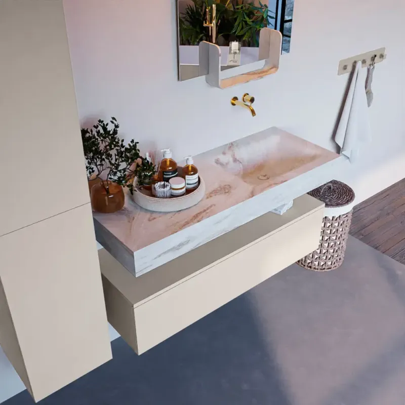 Mondiaz Alan DLux badmeubel 120cm linen 1 lade met wastafel frappe rechts zonder kraangat Dagaanbieding