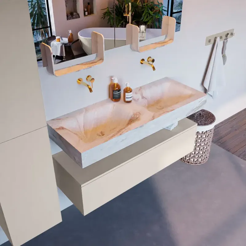 Mondiaz Alan DLux badmeubel 120cm linen 1 lade met wastafel frappe dubbel zonder kraangat Lage Kosten